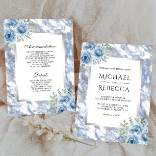 Invitación Boda Todo en Uno Floral de Mármol Azul Polvoriento