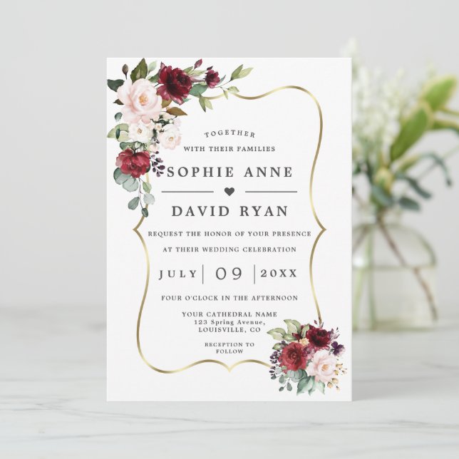 Invitación Boda Todo En Uno Flores Rosadas Burdeos Dorado   (Anverso de pie)