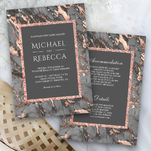 Invitación Boda Todo en Uno Gris Acero Mármol Rosa Dorado