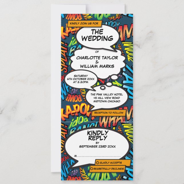 Invitación Boda Todo En Uno Libro De Cómic Divertido Moderno (Anverso)