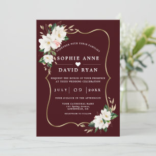 Invitación Boda Todo en Uno Magnolia Blanca Burgundy Profundo