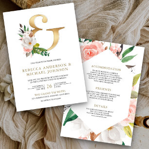 Invitación Boda Todo en Uno Magnolia Floral Gold Ampersand