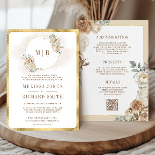 Invitación Boda Todo en Uno Marfil Suave Beige Floral Oro
