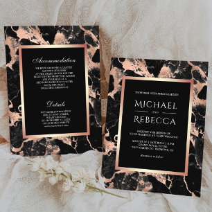 Invitación Boda Todo en Uno Mármol Negro Carbón y Oro Rosa