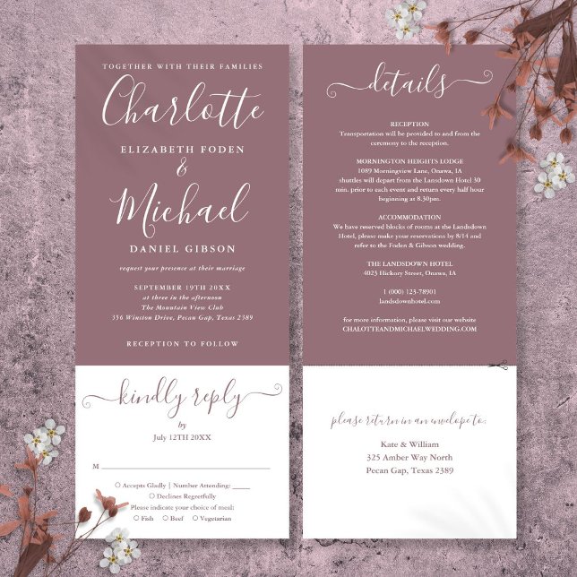 Invitación Boda Todo En Uno Mauve Elegante Script (Mauve Elegant Script All In One Wedding Invitation)