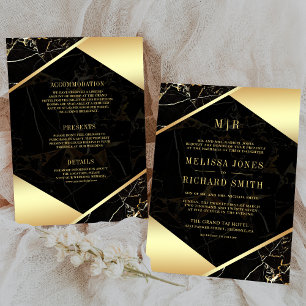 Invitación Boda Todo en Uno Monograma de Mármol de Oro Negro