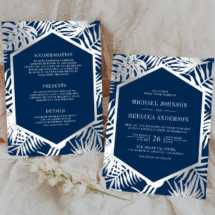 Invitación Boda Todo en Uno Palma Tropical Plata Azul Marino