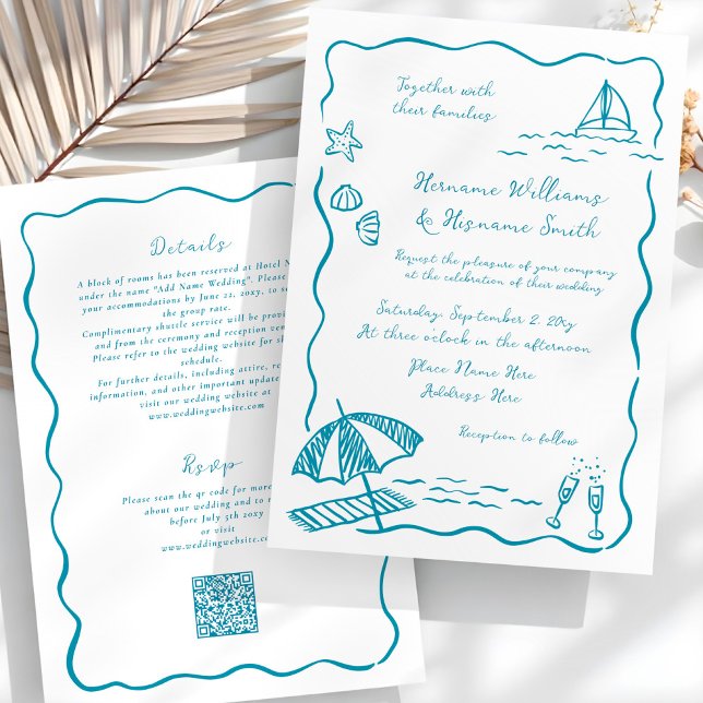 Invitación Boda todo en uno QR RSVP dibujado a mano de playa (Subido por el creador)