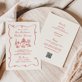 Invitación Boda Todo en Uno Rojo Dibujado a Mano