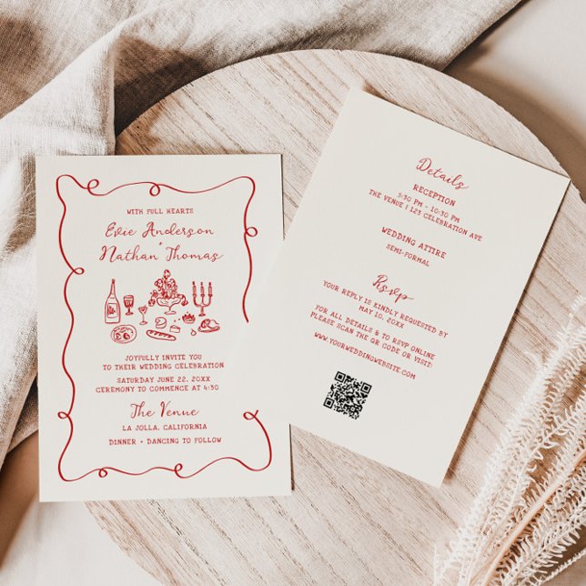 Invitación Boda Todo en Uno Rojo Dibujado a Mano (Subido por el creador)