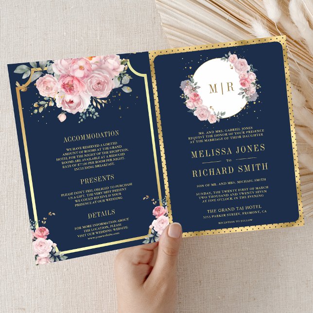 Invitación Boda Todo en Uno Rosa Floral Azul Marino (Subido por el creador)