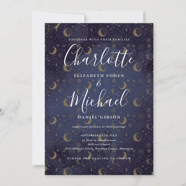 Invitación Boda Todo En Uno Simple Celestial Luna Y Estrellas (Anverso)