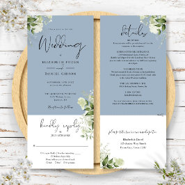 Invitación Boda Todo en Uno Verde Botánico Polvoriento Azul