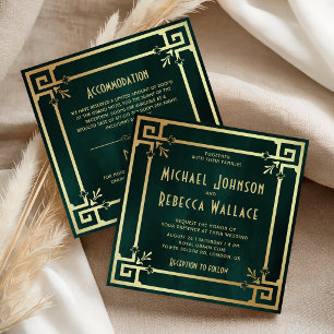 Invitación Boda Todo en Uno Verde Esmeralda Dorado Art Déco