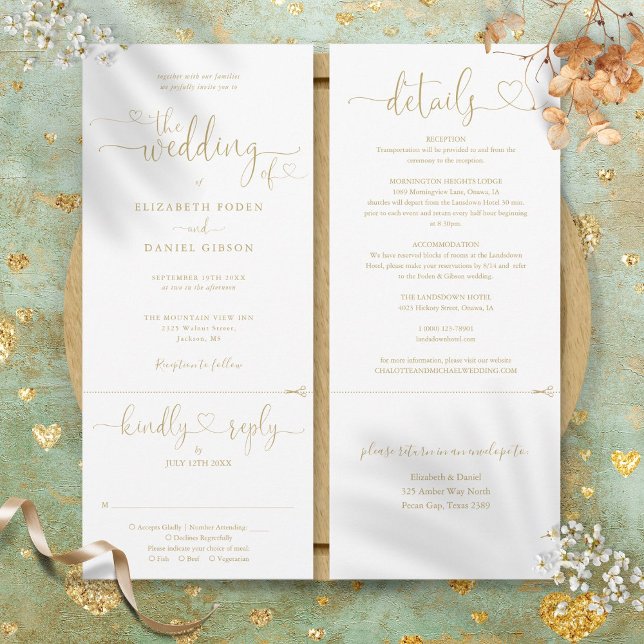 Invitación Boda Todo Incluido con Letra Corazón Dorado Modern (Modern Gold Heart Script All In One Wedding Invitation)
