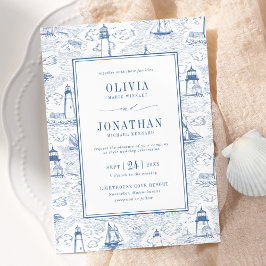 Invitación Boda Toile de Faro Chic Costero Azul