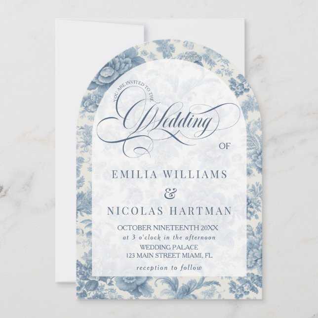 Invitación Boda Toile Floral Francés Todo En Uno  (Anverso)