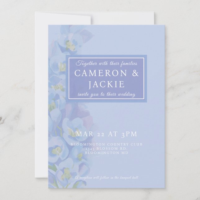 Invitación Boda tono azul de glicina  (Anverso)