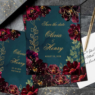 Invitación Boda tonos joya azul turquesa Bordeaux Save The Da