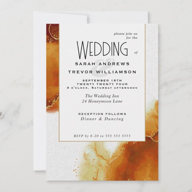 Invitación Boda Topacio Mármol Abstracto Dorado (Anverso)