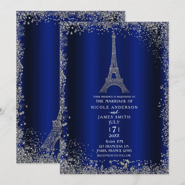 Invitación Boda Torre Eiffel Brillo Plateado Azul Real (Anverso / Reverso)