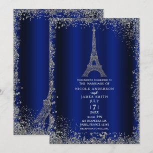 Invitación Boda Torre Eiffel Brillo Plateado Azul Real