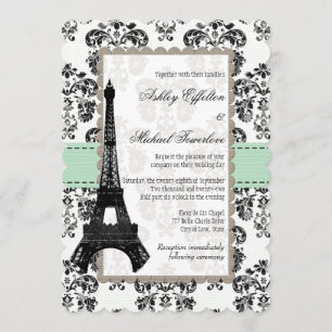 Invitación Boda Torre Eiffel Verde Menta y Negro Damask