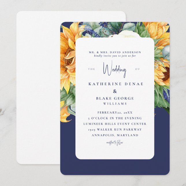 Invitación Boda toscano de Navy Bold Sunflowers (Anverso / Reverso)
