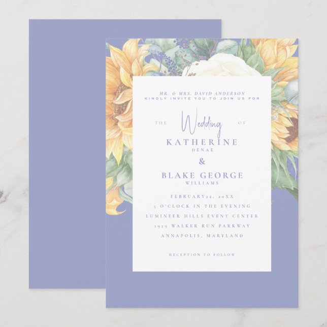 Invitación Boda toscano elegante de girasol azul veraniego (Anverso / Reverso)