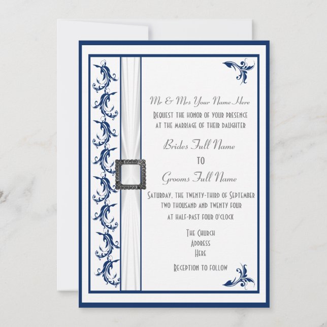 Invitación Boda tradicional blanco y azul marino sencillo (Reverso)