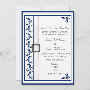 Invitación Boda tradicional blanco y azul marino sencillo