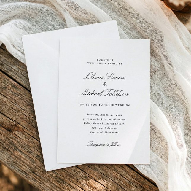 Invitación Boda Tradicional Clásica de Antiguo Dinero (Traditional black and white wedding invitation with classic calligraphy and formal typography)