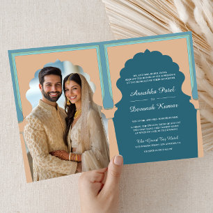 Invitación Boda Tradicional con Foto de Arco Azul Indio