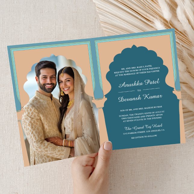 Invitación Boda Tradicional con Foto de Arco Azul Indio (Subido por el creador)