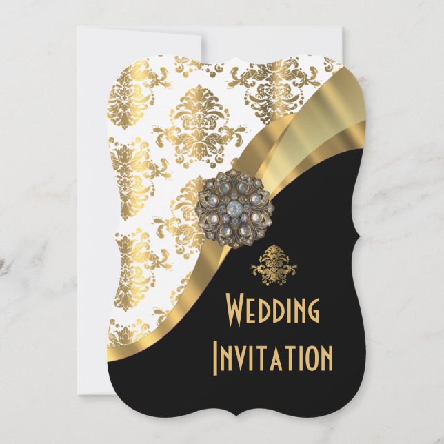 Invitación Boda tradicional de damasco blanco negro y dorado (Reverso)