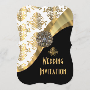 Invitación Boda tradicional de damasco blanco negro y dorado
