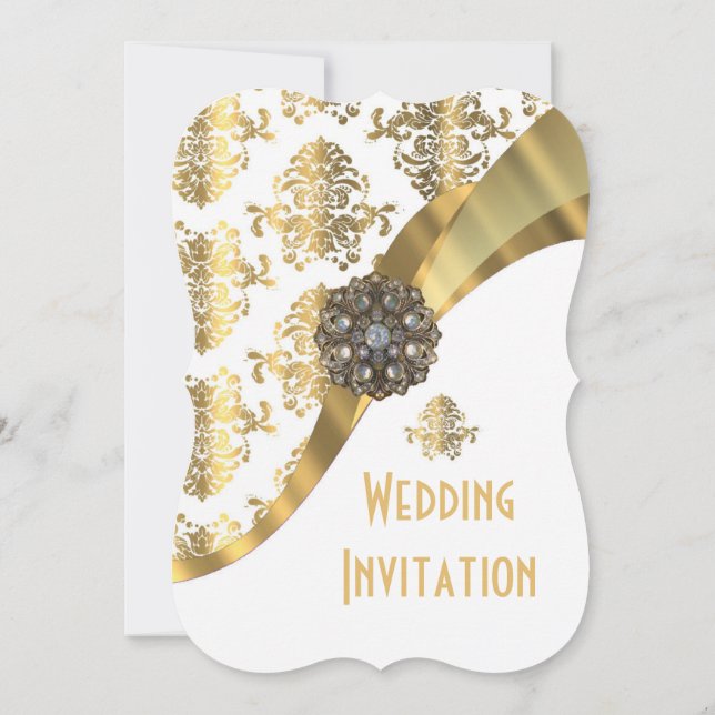 Invitación Boda tradicional de damasco blanco y dorado (Reverso)