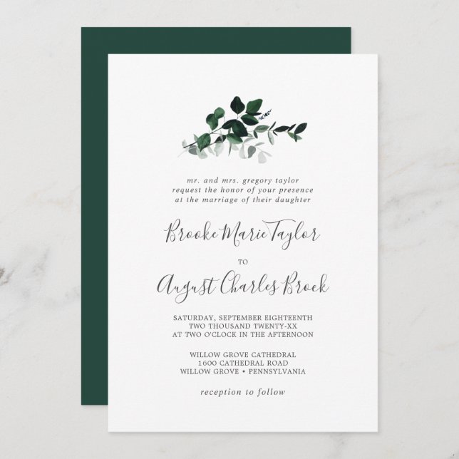 Invitación Boda tradicional de Emerald Greenery (Anverso / Reverso)