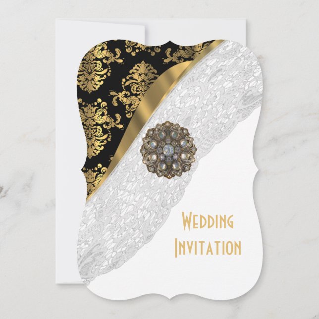 Invitación boda tradicional de encaje blanco negro y dorado (Reverso)