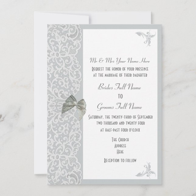 Invitación Boda tradicional de encaje gris y blanco plateado (Reverso)