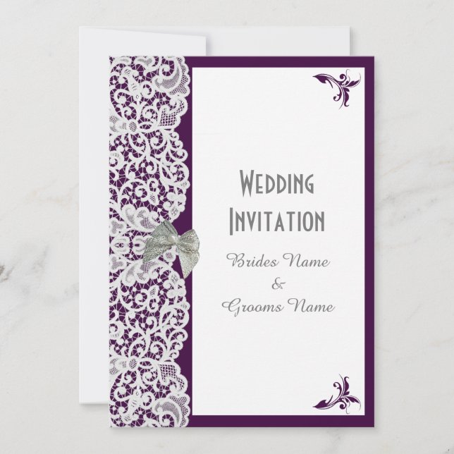 Invitación Boda tradicional de encaje morado y blanco brillan (Anverso)