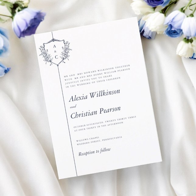 Invitación boda tradicional de escudo naval clásico (traditional wedding wording , white crested navy text wedding invitation , tie the knot , brides )