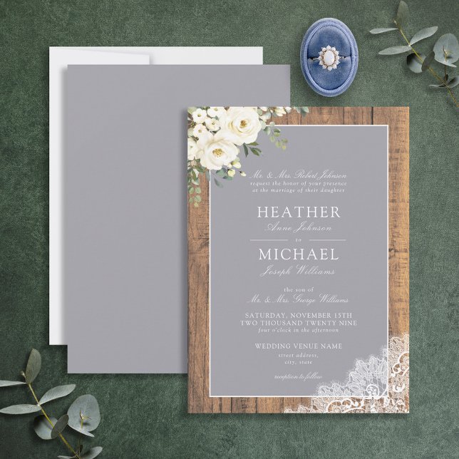 Invitación Boda tradicional de guion de encaje de madera gris (Subido por el creador)