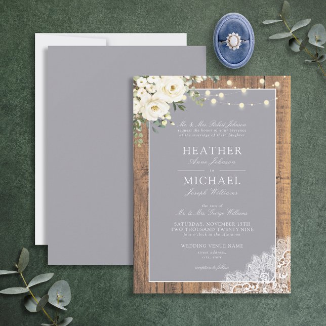 Invitación Boda tradicional de guion de encaje de madera gris (Subido por el creador)