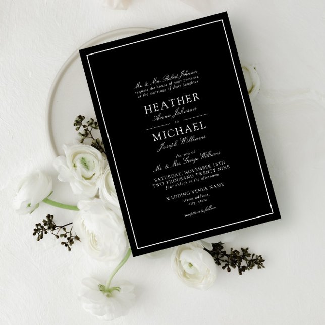 Invitación Boda tradicional de guiones clásicos en blanco y n (Subido por el creador)