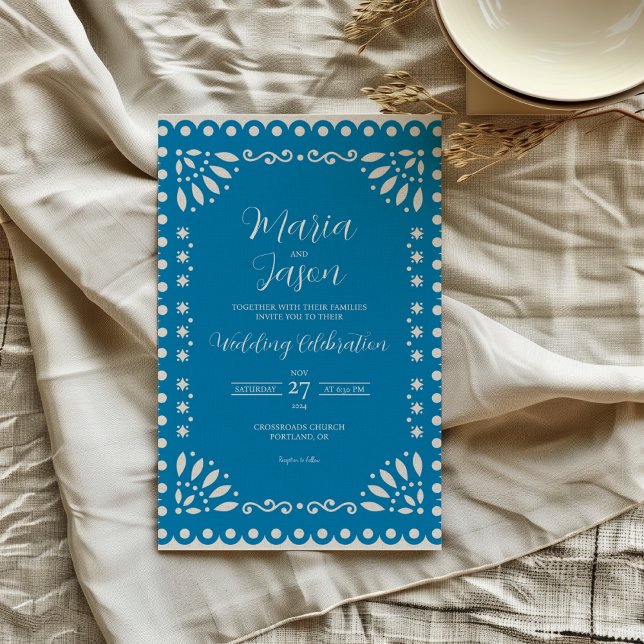 Invitación Boda tradicional de la Boda del Papel azul mexican (Mexican Blue Papel Picado Traditional Boda Wedding Invitation)