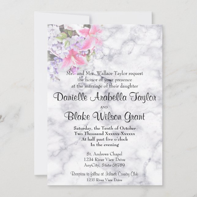 Invitación Boda tradicional de Lily Rosa de Mármol Blanco clá (Anverso)