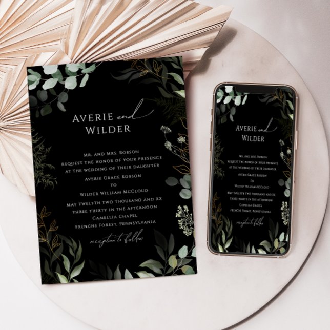 Invitación Boda tradicional del oro negro botánico caprichoso (Subido por el creador)