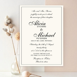 Invitación Boda tradicional elegante clásica de marfil negro