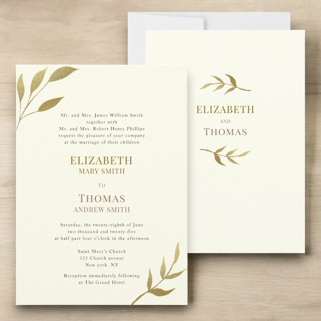 Invitación Boda tradicional elegante de marfil y oro (traditional text modern minimal gold and ivory wedding invitation 
)
